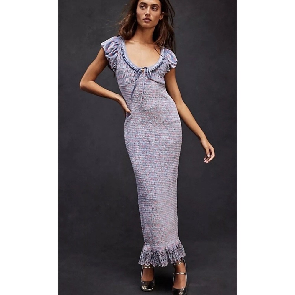 Free People McKenna Velvet Midi Dress Womens XS Blue Pink Floral Smocked Ruffle - Picture 3 of 16